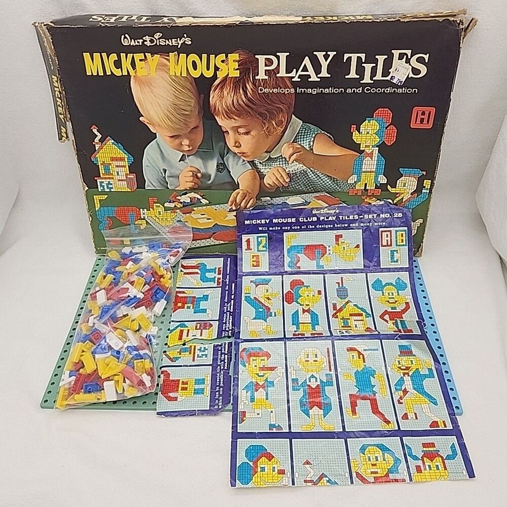 Game Disney Mickey Mouse Play Tiles 1964 Vintage Toy 312 Chips 2 Boards Chart